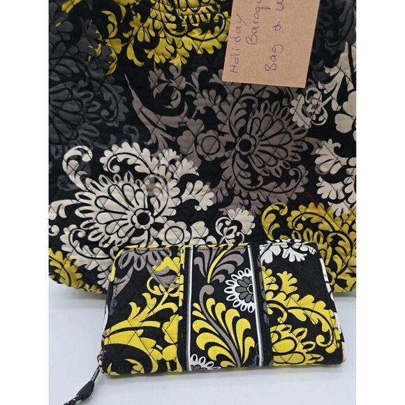Vera Bradley Quilted Shoulder Bag & Matching Wallet - Floral Black/Yellow/Gray - Picture 6 of 8